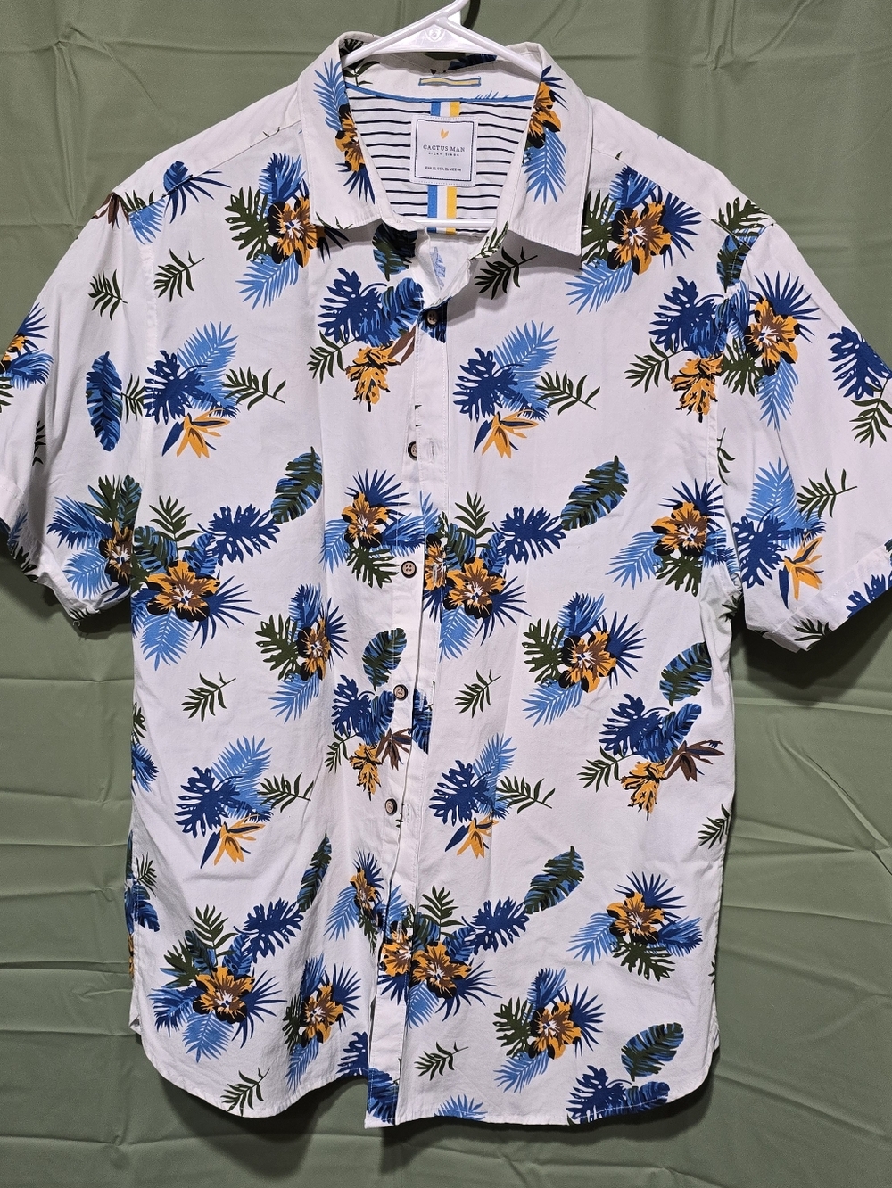 Cactus Man White Short-Sleeve Floral Button-Down Shirt in Blue and Yellow